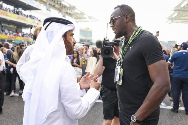 BEN SULAYEM Mohammed (uae), President of the FIA, portrait, BOLT Usain (jam), Olympic Champion during the Formula 1 Etihad Airways Abu Dhabi Grand Prix 2022, 22nd round of the 2022 FIA Formula One World Championship, WM, Weltmeisterschaft from November 18 to 20, 2022 on the Yas Marina Circuit, in Yas Island, Abu Dhabi - F1 - ABU DHABI GRAND PRIX 2022 - RACE DPPI Panoramic 00122050_G00D1352.JPG