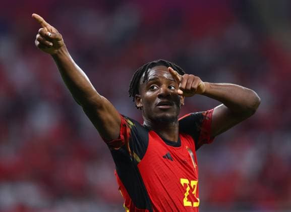Al Rayyan, Qatar, 23rd November 2022. Michy Batshuayi of Belgium celebrates scoring the first goal during the FIFA World Cup, WM, Weltmeisterschaft, Fussball 2022 match at Ahmad bin Ali Stadium, Al Rayyan. Picture credit should read: David Klein Sportimage EDITORIAL USE ONLY. No use with unauthorised audio, video, data, fixture lists, club league logos or live services. Online in-match use limited to 120 images, no video emulation. No use in betting, games or single club league player publications. SPI-2059-0052