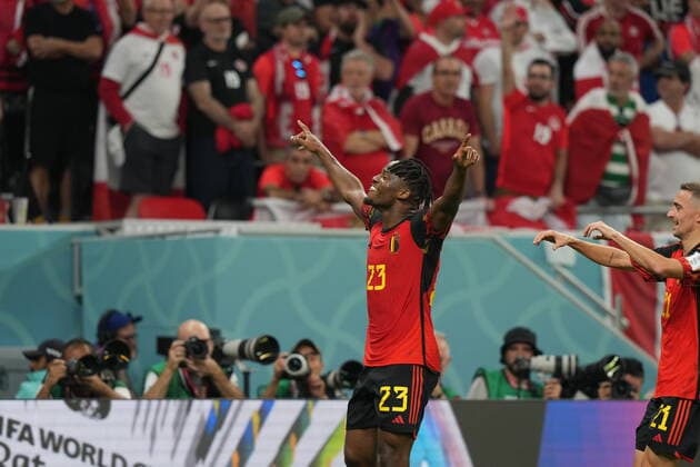 QAT, WM FIFA 2022, Group F, Belgien vs Kanada 23.11.2022, Khalifa International Stadium, Doha, QAT, WM FIFA 2022, Group F, Belgien vs Kanada, im Bild Belgium s forward Michy Batshuayi freut sich über das Tor zum 1:0.