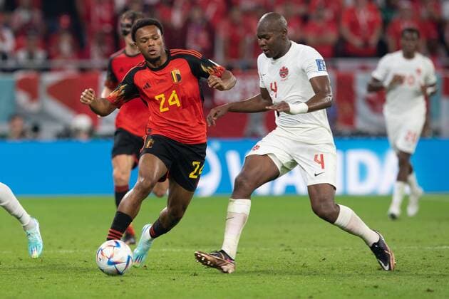 RECORD DATE NOT STATED FIFA World Cup, WM, Weltmeisterschaft, Fussball Qatar 2022 Belgium vs Canada (L-R), Lois Openda of Belgium and Kamal Miller of Canada during the game Belgium vs Canada, Corresponding to Group F of the FIFA World Cup Qatar 2022, at Ahmad bin Ali Stadium, Al-Rayyan, November 23, 2022. <br><br> (I-D), Lois Openda de Belgica y Kamal Miller de Canada durante el partido Belgica vs Canada, correspondiente al Grupo F de la Copa Mundial de la FIFA Qatar 2022, en el Estadio Ahmad bin Ali, Al-Rayyan, 23 de noviembre de 2022. AL RAYYAN DOHA QATAR Copyright: xDavidxLeahx 20221123_8498