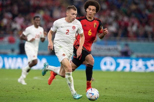 RECORD DATE NOT STATED FIFA World Cup, WM, Weltmeisterschaft, Fussball Qatar 2022 Belgium 1-0 Canada (L-R), Alistair Johnston of Canada and Axel Witsel of Belgium during the game Belgium vs Canada, Corresponding to Group F of the FIFA World Cup Qatar 2022, at Ahmad bin Ali Stadium, Al-Rayyan, November 23, 2022. <br><br> (L-R), Alistair Johnston de Canada y Axel Witsel de Belgica durante el partido Belgica vs Canada, correspondiente al Grupo F de la Copa Mundial de la FIFA Qatar 2022, en el Estadio Ahmad bin Ali, Al-Rayyan, 23 de noviembre de 2022. AL RAYYAN DOHA QATAR Copyright: xDavidxLeahx 20221123_8611