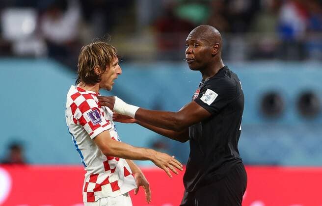 Mandatory Credit: Photo by Kieran McManus Shutterstock (13634907bn) Luka Modric of Croatia and Kamal Miller of Canada react Croatia v Canada, FIFA World Cup, WM, Weltmeisterschaft, Fussball 2022, Group F, Football, Khalifa International Stadium, Ar-Rayyan, Qatar - 27 Nov 2022 Editorial Use Only Croatia v Canada, FIFA World Cup 2022, Group F, Football, Khalifa International Stadium, Ar-Rayyan, Qatar - 27 Nov 2022 Editorial Use Only Copyright: xKieranxMcManus Shutterstockx 13634907bn