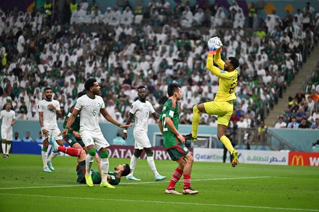 (221130) -- LUSAIL, Nov. 30, 2022 -- Mohammed Alowais (1st R), goalkeeper of Saudi Arabia, makes a save during the Group C match between Saudi Arabia and Mexico at the 2022 FIFA World Cup, WM, Weltmeisterschaft, Fussball at Lusail Stadium in Lusail, Qatar, Nov. 30, 2022. ) (SP)QATAR-LUSAIL-2022 WORLD CUP-GROUP C-KSA VS MEX XinxYuewei