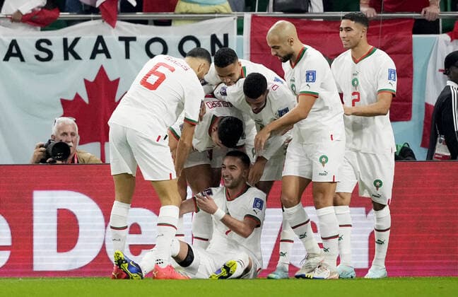 Mandatory Credit: Photo by Dave Shopland Shutterstock (13640369u) Hakim Ziyech of Morocco celebrates scoring the opening goal. Canada v Morocco, FIFA World Cup, WM, Weltmeisterschaft, Fussball 2022, Group F, Football, Al Thumama Stadium, Doha, Qatar - 01 Dec 2022 Editorial Use Only Canada v Morocco, FIFA World Cup 2022, Group F, Football, Al Thumama Stadium, Doha, Qatar - 01 Dec 2022 Editorial Use Only Copyright: xDavexShopland Shutterstockx 13640369u