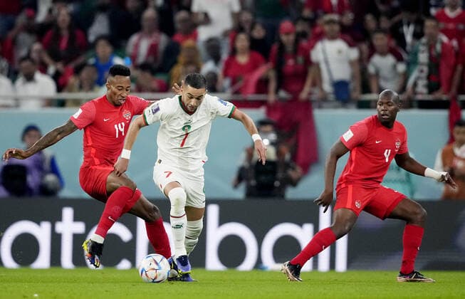 Mandatory Credit: Photo by Dave Shopland Shutterstock (13640369ac) Hakim Ziyech of Morocco and Mark-Anthony Kaye of Canada. Canada v Morocco, FIFA World Cup, WM, Weltmeisterschaft, Fussball 2022, Group F, Football, Al Thumama Stadium, Doha, Qatar - 01 Dec 2022 Editorial Use Only Canada v Morocco, FIFA World Cup 2022, Group F, Football, Al Thumama Stadium, Doha, Qatar - 01 Dec 2022 Editorial Use Only Copyright: xDavexShopland Shutterstockx 13640369ac