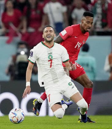 Mandatory Credit: Photo by Dave Shopland Shutterstock (13640369aa) Hakim Ziyech of Morocco is fouled by Mark-Anthony Kaye of Canada. Canada v Morocco, FIFA World Cup, WM, Weltmeisterschaft, Fussball 2022, Group F, Football, Al Thumama Stadium, Doha, Qatar - 01 Dec 2022 Editorial Use Only Canada v Morocco, FIFA World Cup 2022, Group F, Football, Al Thumama Stadium, Doha, Qatar - 01 Dec 2022 Editorial Use Only Copyright: xDavexShopland Shutterstockx 13640369aa