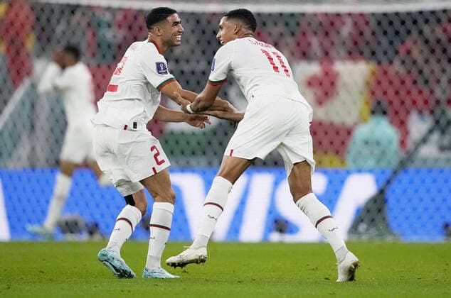 Mandatory Credit: Photo by Dave Shopland Shutterstock (13640369ar) Abdelhamid Sabiri and Achraf Hakimi of Morocco celebrate their sides second goal scored by Yousseff En-Nesyri of Morocco. Canada v Morocco, FIFA World Cup, WM, Weltmeisterschaft, Fussball 2022, Group F, Football, Al Thumama Stadium, Doha, Qatar - 01 Dec 2022 Editorial Use Only Canada v Morocco, FIFA World Cup 2022, Group F, Football, Al Thumama Stadium, Doha, Qatar - 01 Dec 2022 Editorial Use Only Copyright: xDavexShopland Shutterstockx 13640369ar
