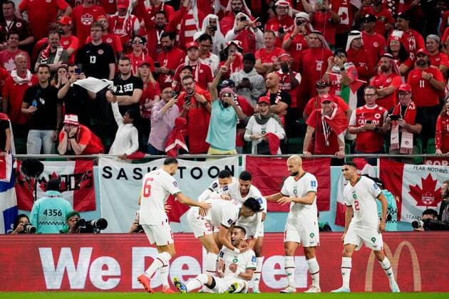 Mandatory Credit: Photo by Dave Shopland Shutterstock (13640369ck) Hakim Ziyech of Morocco celebrates scoring the opening goal. Canada v Morocco, FIFA World Cup, WM, Weltmeisterschaft, Fussball 2022, Group F, Football, Al Thumama Stadium, Doha, Qatar - 01 Dec 2022 Editorial Use Only Canada v Morocco, FIFA World Cup 2022, Group F, Football, Al Thumama Stadium, Doha, Qatar - 01 Dec 2022 Editorial Use Only Copyright: xDavexShopland Shutterstockx 13640369ck