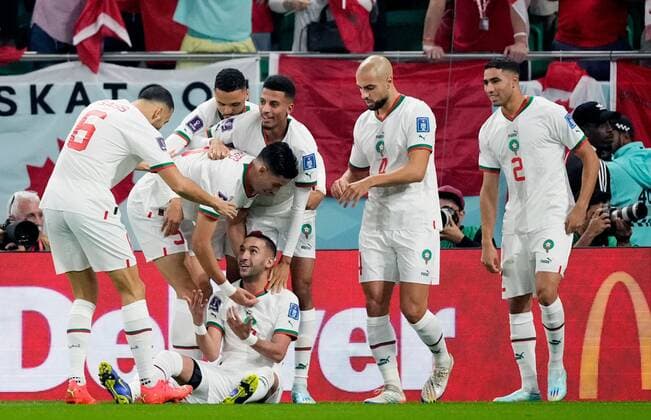 Mandatory Credit: Photo by Dave Shopland Shutterstock (13640369cg) Hakim Ziyech of Morocco celebrates scoring the opening goal. Canada v Morocco, FIFA World Cup, WM, Weltmeisterschaft, Fussball 2022, Group F, Football, Al Thumama Stadium, Doha, Qatar - 01 Dec 2022 Editorial Use Only Canada v Morocco, FIFA World Cup 2022, Group F, Football, Al Thumama Stadium, Doha, Qatar - 01 Dec 2022 Editorial Use Only Copyright: xDavexShopland Shutterstockx 13640369cg
