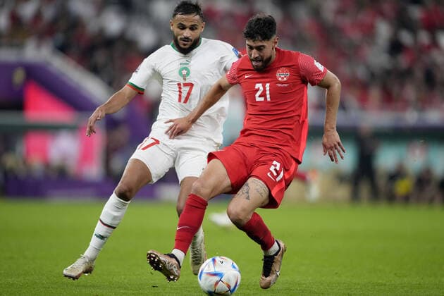 Mandatory Credit: Photo by Dave Shopland Shutterstock (13640369cm) Jonathan Osorio of Canada and Sofiane Boufal of Morocco. Canada v Morocco, FIFA World Cup, WM, Weltmeisterschaft, Fussball 2022, Group F, Football, Al Thumama Stadium, Doha, Qatar - 01 Dec 2022 Editorial Use Only Canada v Morocco, FIFA World Cup 2022, Group F, Football, Al Thumama Stadium, Doha, Qatar - 01 Dec 2022 Editorial Use Only Copyright: xDavexShopland Shutterstockx 13640369cm