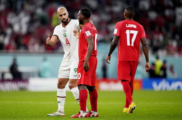 Mandatory Credit: Photo by Dave Shopland Shutterstock (13640369co) Sofyan Amrabat of Morocco and Junior Hoilett of Canada. Canada v Morocco, FIFA World Cup, WM, Weltmeisterschaft, Fussball 2022, Group F, Football, Al Thumama Stadium, Doha, Qatar - 01 Dec 2022 Editorial Use Only Canada v Morocco, FIFA World Cup 2022, Group F, Football, Al Thumama Stadium, Doha, Qatar - 01 Dec 2022 Editorial Use Only Copyright: xDavexShopland Shutterstockx 13640369co