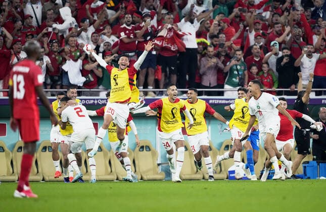 Mandatory Credit: Photo by Dave Shopland Shutterstock (13640369dr) Morocco players celebrate at full time. Canada v Morocco, FIFA World Cup, WM, Weltmeisterschaft, Fussball 2022, Group F, Football, Al Thumama Stadium, Doha, Qatar - 01 Dec 2022 Editorial Use Only Canada v Morocco, FIFA World Cup 2022, Group F, Football, Al Thumama Stadium, Doha, Qatar - 01 Dec 2022 Editorial Use Only Copyright: xDavexShopland Shutterstockx 13640369dr