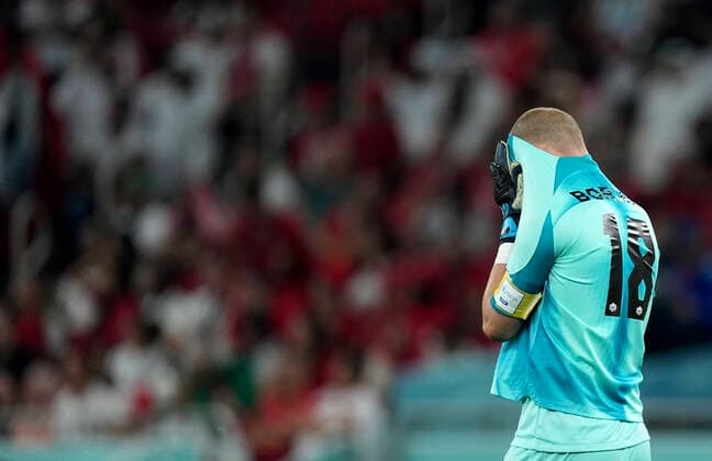 (221201) -- DOHA, Dec. 1, 2022 -- Milan Borjan, goalkeeper of Canada, reacts during the Group F match between Canada and Morocco at the 2022 FIFA World Cup, WM, Weltmeisterschaft, Fussball at Al Thumama Stadium in Doha, Qatar, Dec. 1, 2022. ) (SP)QATAR-DOHA-2022 WORLD CUP-GROUP F-CAN VS MAR ChenxCheng