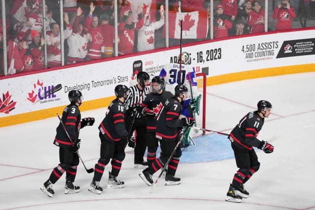 January 2, 2023, Halifax, NS, Canada: Canada s Dylan Guenther, right, celebrates his goal with teammates, from left to right, Olen Zellweger, Shane Wright, Connor Bedard, and Brennan Othmann in front of Slovakia s goaltender Jan Korec during second period IIHF World Junior Hockey Championship quarterfinal action in Halifax, Monday, Jan. 2, 2023. Dylan Guenther, Olen Zellweger, Shane Wright, Connor Bedard, Brennan Othmann, Jan Korec - ZUMAc35_ 20230102_zaf_c35_107 Copyright: xDarrenxCalabresex