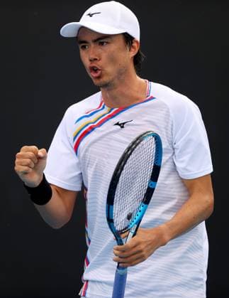 Mandatory Credit: Photo by Ella Ling Shutterstock (13714308el) Taro Daniel of Japan celebrates Australian Open, Day One, Tennis, Melbourne Park, Melbourne, Australia - 16 Jan 2023 Australian Open, Day One, Tennis, Melbourne Park, Melbourne, Australia - 16 Jan 2023 Copyright: xEllaxLing Shutterstockx 13714308el