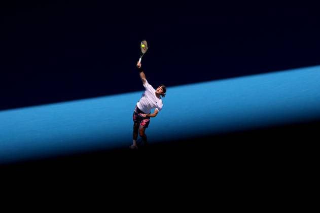 Mandatory Credit: Photo by Ella Ling Shutterstock (13716910ab) Stefanos Tsitsipas of Greece in action Australian Open, Day Five, Tennis, Melbourne Park, Melbourne, Australia - 20 Jan 2023 Australian Open, Day Five, Tennis, Melbourne Park, Melbourne, Australia - 20 Jan 2023 Copyright: xEllaxLing Shutterstockx 13716910ab