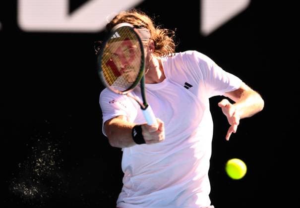 Mandatory Credit: Photo by James Gourley Shutterstock (13736332by) Stefanos Tsitsipas during his semi-final match Australian Open, Day Twelve, Tennis, Melbourne Park, Melbourne, Australia - 27 Jan 2023 Australian Open, Day Twelve, Tennis, Melbourne Park, Melbourne, Australia - 27 Jan 2023 Copyright: xJamesxGourley Shutterstockx 13736332by