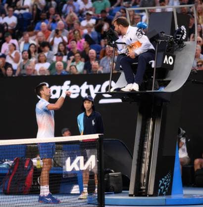 Mandatory Credit: Photo by James Gourley Shutterstock (13736332el) Novak Djokovic of Serbia argues with the umpire Australian Open, Day Twelve, Tennis, Melbourne Park, Melbourne, Australia - 27 Jan 2023 Australian Open, Day Twelve, Tennis, Melbourne Park, Melbourne, Australia - 27 Jan 2023 Copyright: xJamesxGourley Shutterstockx 13736332el