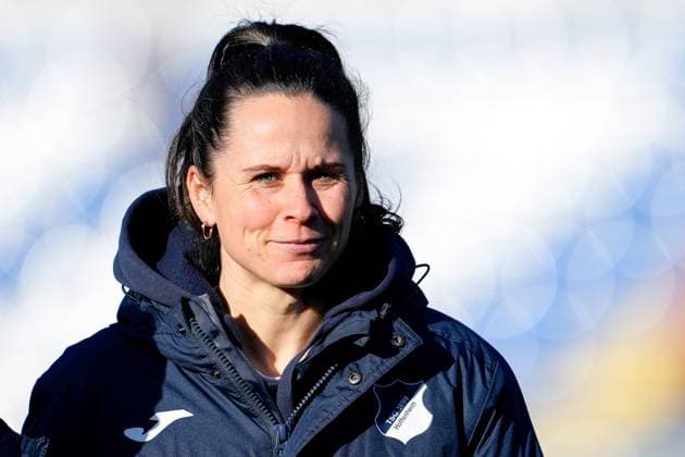 Nadine Rolser (Trainerin, TSG), Einzelbild, Einzelfoto, Aktion, Action, Porträt, Portrait, Freude, freuen, freut sich, freundlich, fröhlich, glücklich, strahlend, optimistisch, 12.02.2023, Sinsheim (Hoffenheim) (Deutschland), Fussball, Flyeralarm Frauen-Bundesliga, TSG 1899 Hoffenheim - 1. FC Köln, 12.02.2023, Sinsheim (Hoffenheim) (Deutschland), Fussball, Flyeralarm Frauen-Bundesliga, TSG 1899 Hoffenheim - 1. FC Köln, DFB DFL REGULATIONS PROHIBIT ANY USE OF PHOTOGRAPHS AS IMAGE SEQUENCES AND OR QUASI-VIDEO.