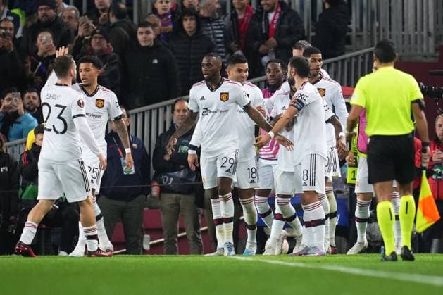 Mandatory Credit: Photo by Bagu Blanco Pressinphoto Shutterstock (13770557au) Manchester United, ManU players celebrating the 1-1 FC Barcelona, Barca v Manchester United, UEFA Europa League, Play-off, 1st leg. Football, Spotify Camp Nou Stadium, Barcelona, Spain - 16 Feb 2023 Editorial use only FC Barcelona v Manchester United, UEFA Europa League, Play-off, 1st leg. Football, Spotify Camp Nou Stadium, Barcelona, Spain - 16 Feb 2023 Editorial use only Copyright: xBaguxBlanco Pressinphoto Shutterstockx 13770557au