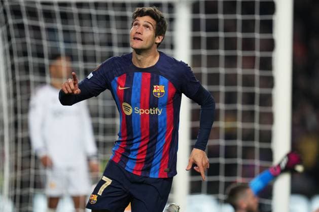 Mandatory Credit: Photo by Bagu Blanco Pressinphoto Shutterstock (13770557bn) Marcos Alonso of FC Barcelona, Barca celebrates after scoring the 1-0 FC Barcelona v Manchester United, ManU UEFA Europa League, Play-off, 1st leg. Football, Spotify Camp Nou Stadium, Barcelona, Spain - 16 Feb 2023 Editorial use only FC Barcelona v Manchester United, UEFA Europa League, Play-off, 1st leg. Football, Spotify Camp Nou Stadium, Barcelona, Spain - 16 Feb 2023 Editorial use only Copyright: xBaguxBlanco Pressinphoto Shutterstockx 13770557bn
