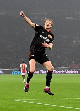 Fussball, Herren, Saison 2022 2023, Europa League (Play-Offs zum Achtelfinale, Hinspiel), Ajax Amsterdam - 1. FC Union Berlin (0:0), Morten Thorsby (1. FC Union Berlin), Jubel nach dem vermeintlichen Tor zum 1:0, Treffer wird aber wegen Handspiels aberkannt, 16.02. 2023, Copyright: xMatthiasxKochx