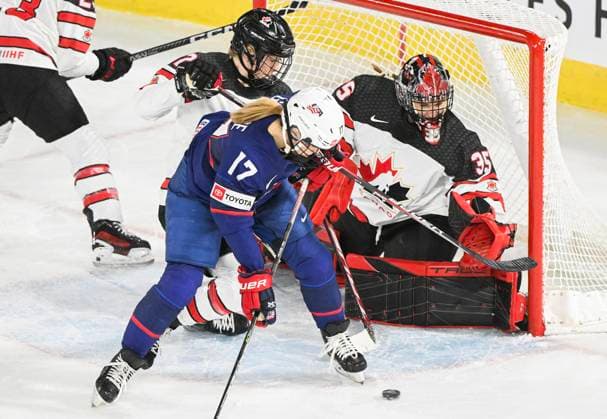 February 22, 2023, Laval, PQ, Canada: Rebecca Gilmore (17) of the USA moves in on team Canada goaltender Ann-Renee Desbiens (35) as Claire Thompson defends during first period Rivalry Series hockey action in Laval, Que., Wednesday, February 22, 2023. Rebecca Gilmore, Ann-Renee Desbiens, Claire Thompson, - ZUMAc35_ 20230222_zaf_c35_168 Copyright: xGrahamxHughesx