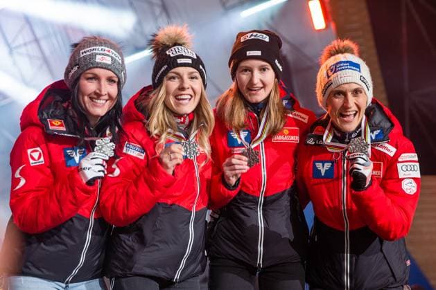 NORDIC SKIING - FIS Nordic WC Planica 2023 KRANJSKA GORA,SLOVENIA,25.FEB.23 - NORDIC SKIING, Ski jumping, Skispringen, Ski, nordisch - FIS Nordic World Ski Championships, medal plaza, award ceremony. Image shows Jacqueline Seifriedsberger, Chiara Kreuzer, Julia Muehlbacher and Eva Pinkelnig (AUT). GEPAxpictures xGintarexKarpaviciute