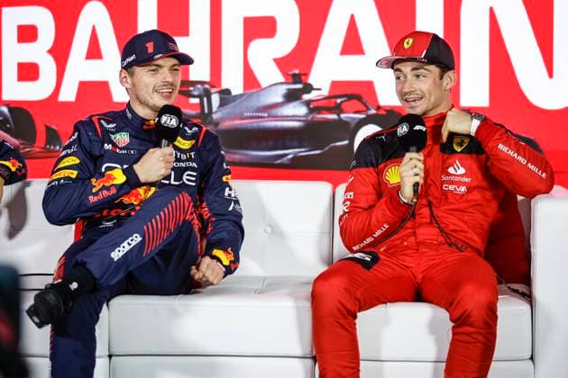 VERSTAPPEN Max (ned), Red Bull Racing RB19, portrait LECLERC Charles (mco), Scuderia Ferrari SF-23, portrait press conference, PK, Pressekonferenz during the Formula 1 Gulf Air Bahrain Grand Prix 2023, 1st round of the 2023 FIA Formula One World Championship, WM, Weltmeisterschaft from March 2 3 to 5, 2023 on the Bahrain International Circuit, in Sakhir, Bahrain - F1 - BAHRAIN GRAND PRIX 2023 DPPI Panoramic 00123002__R3_0774A