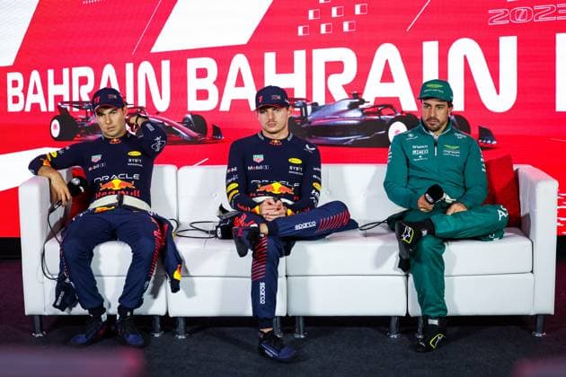 press conference, PK, Pressekonferenz PEREZ Sergio (mex), Red Bull Racing RB19, VERSTAPPEN Max (ned), Red Bull Racing RB19, ALONSO Fernando (spa), Aston Martin F1 Team AMR23, portrait during the Formula 1 Gulf Air Bahrain Grand Prix 2023, 1st round of the 2023 FIA Formula One World Championship, WM, Weltmeisterschaft from March 3 to 5, 2023 on the Bahrain International Circuit, in Sakhir, Bahrain - F1 - BAHRAIN GRAND PRIX 2023 - RACE DPPI Panoramic 20230305_GOOD1836