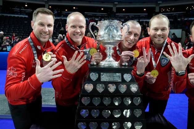 March 12, 2023, London, ON, Canada: Team Canada skip Brad Gushue, left to right, celebrates with teammates Mark Nichols, EJ Harnden and Geoff Walker after defeating Team Manitoba in the finals of the 2023 Tim Hortons Brier in London, Ont., Sunday, March 12, 2023. It s Gushue s fifth Tim Hortons Brier crown in the last seven years. Canada News - March 12, 2023 - ZUMAc35_ 20230312_zaf_c35_037 Copyright: xFrankxGunnx