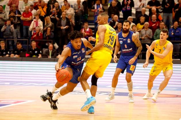 14.03.2023, easyCredit Basketball Bundesliga, BBL, Saison 2022 2023, Herren, Syntainics MBC - Alba Berlin, 11, Kostja Mushidi, Syntainics MBC, 19, Louis Olinde, Alba Berlin Weißenfels Stadthalle Sachsen-Anhalt Germany