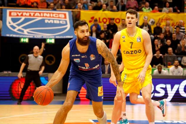 14.03.2023, easyCredit Basketball Bundesliga, BBL, Saison 2022 2023, Herren, Syntainics MBC - Alba Berlin, 8. Martin Breunig, Syntainics MBC, 7, Yanni Wetzell, Alba Berlin Weißenfels Stadthalle Sachsen-Anhalt Germany