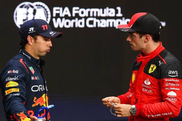 PEREZ Sergio (mex), Red Bull Racing RB19, portrait LECLERC Charles (mco), Scuderia Ferrari SF-23, portrait during the Formula 1 STC Saudi Arabian Grand Prix 2023, 2nd round of the 2023 Formula One World Championship, WM, Weltmeisterschaft from March 17 to 19, 2023 on the Jeddah Corniche Circuit, in Jeddah, Saudi Arabia - F1 - SAUDI ARABIAN GRAND PRIX 2023 DPPI Panoramic 20230318_IMGL0121.JPG