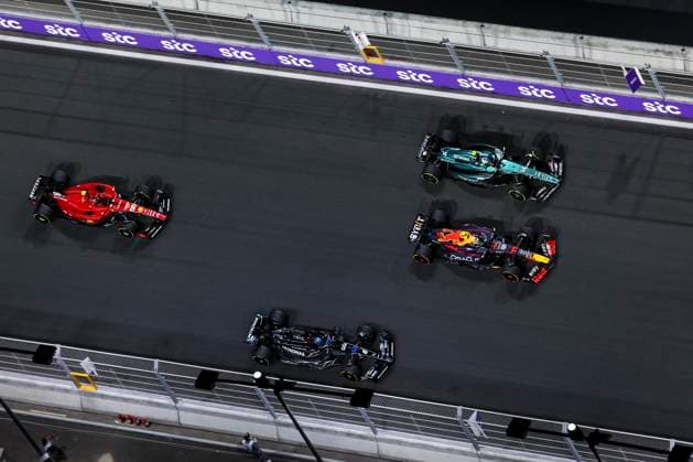 Start, 11 Sergio Perez (MEX, Oracle Red Bull Racing), 14 Fernando Alonso (ESP, Aston Martin Aramco Cognizant F1 Team), 63 George Russell (GBR, Mercedes-AMG Petronas F1 Team), 55 Carlos Sainz (ESP, Scuderia Ferrari), F1 Grand Prix of Saudi Arabia at Jeddah Corniche Circuit on March 19, 2023 in Jeddah, Saudi Arabia. (Photo by HOCH ZWEI) Jeddah Saudi Arabia