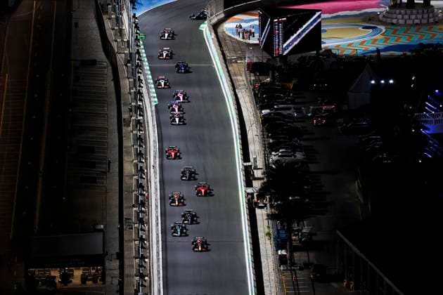 11 Sergio Perez (MEX, Oracle Red Bull Racing), 14 Fernando Alonso (ESP, Aston Martin Aramco Cognizant F1 Team), 63 George Russell (GBR, Mercedes-AMG Petronas F1 Team), 1 Max Verstappen (NLD, Oracle Red Bull Racing), 55 Carlos Sainz (ESP, Scuderia Ferrari), F1 Grand Prix of Saudi Arabia at Jeddah Corniche Circuit on March 19, 2023 in Jeddah, Saudi Arabia. (Photo by HOCH ZWEI) Jeddah Saudi Arabia