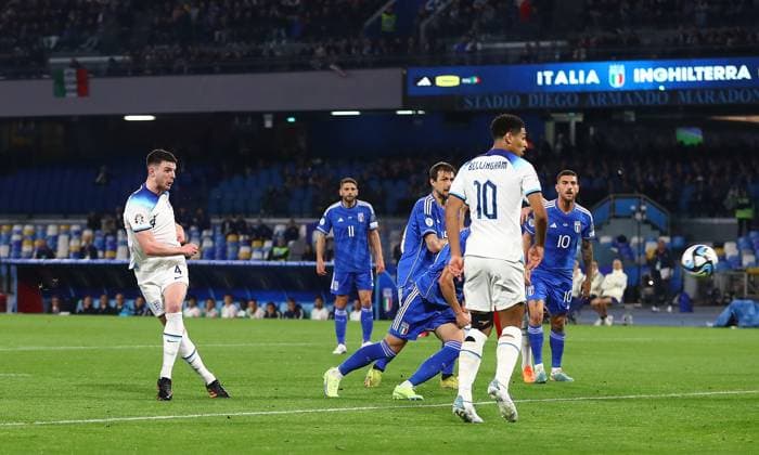 Mandatory Credit: Photo by Kieran McManus Shutterstock (13836561q) Declan Rice of England scores a goal to make the score 0-1 Italy v England, UEFA European Championship, EM, Europameisterschaft 2024 Qualifying, Group C, Football, Stadio Diego Armando Maradona, Naples, Italy - 23 Mar 2023 EDITORIAL USE ONLY No use with unauthorised audio, video, data, fixture lists, club league logos or live services. Online in-match use limited to 120 images, no video emulation. No use in betting, games or single club league player publications. Italy v England, UEFA European Championship 2024 Qualifying, Group C, Football, Stadio Diego Armando Maradona, Naples, Italy - 23 Mar 2023 EDITORIAL USE ONLY No use with unauthorised audio, video, data, fixture lists, club league logos or live services. Online in-match use limited to 120 images, no video emulation. No use in betting, games or single club league player publications. Copyright: xKieranxMcManus Shutterstockx 13836561q