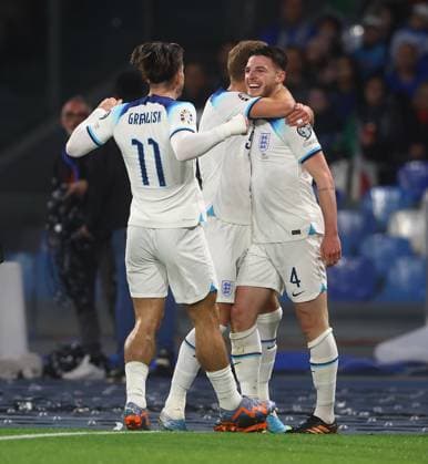 Mandatory Credit: Photo by Kieran McManus Shutterstock (13836561u) Declan Rice of England celebrates scoring a goal to make the score 0-1 Italy v England, UEFA European Championship, EM, Europameisterschaft 2024 Qualifying, Group C, Football, Stadio Diego Armando Maradona, Naples, Italy - 23 Mar 2023 EDITORIAL USE ONLY No use with unauthorised audio, video, data, fixture lists, club league logos or live services. Online in-match use limited to 120 images, no video emulation. No use in betting, games or single club league player publications. Italy v England, UEFA European Championship 2024 Qualifying, Group C, Football, Stadio Diego Armando Maradona, Naples, Italy - 23 Mar 2023 EDITORIAL USE ONLY No use with unauthorised audio, video, data, fixture lists, club league logos or live services. Online in-match use limited to 120 images, no video emulation. No use in betting, games or single club league player publications. Copyright: xKieranxMcManus Shutterstockx 13836561u