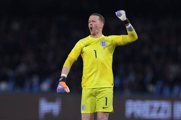 Naples, Italy, 23rd March 2023. Jordan Pickford of England celebrates after team mate Declan Rice scored to give the side a 1-0 lead during the UEFA European Championship, EM, Europameisterschaft Qualifying match at Stadio Diego Armando Maradona, Naples. Picture credit should read: Jonathan Moscrop Sportimage EDITORIAL USE ONLY. No use with unauthorised audio, video, data, fixture lists, club league logos or live services. Online in-match use limited to 120 images, no video emulation. No use in betting, games or single club league player publications. SPI-2317-0015