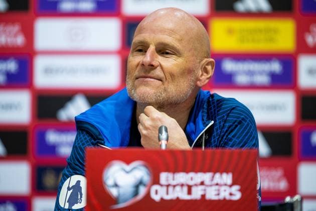 Fußball, EM Quali, Norwegen Nationalteam Pressekonferenz 230324 Stale Solbakken, head coach of the Norwegian national football team, during a press conference, PK, Pressekonferenz on March 24, 2023 in Malaga. Photo: Vegard Grott BILDBYRAN kod VG VG0425 bbeng fotball football soccer fotboll UEFA EURO, EM, Europameisterschaft,Fussball 2024 em-kvalifisering em-kvalik pressekonferanse press conference norge norway Copyright: VEGARDxGRoTT BB230324VG061
