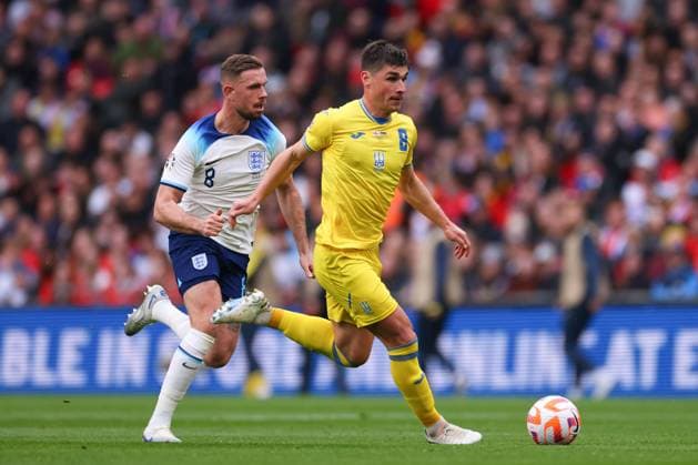 Mandatory Credit: Photo by Shutterstock (13844509w) Jordan Henderson of England in action with Ruslan Malinovskyi of Ukraine England v Ukraine, UEFA European Championship, EM, Europameisterschaft 2024 Qualifying, Group C, Football, Wembley Stadium, London, UK - 26 Mar 2023 EDITORIAL USE ONLY No use with unauthorised audio, video, data, fixture lists, club league logos or live services. Online in-match use limited to 120 images, no video emulation. No use in betting, games or single club league player publications. England v Ukraine, UEFA European Championship 2024 Qualifying, Group C, Football, Wembley Stadium, London, UK - 26 Mar 2023 EDITORIAL USE ONLY No use with unauthorised audio, video, data, fixture lists, club league logos or live services. Online in-match use limited to 120 images, no video emulation. No use in betting, games or single club league player publications. Copyright: xShutterstockx 13844509w