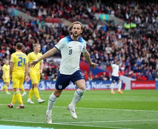 London, England, 26th March 2023. Harry Kane of England celebrates scoring his sides opening goal during the UEFA European Championship, EM, Europameisterschaft Qualifying match at Wembley Stadium, London. Picture credit should read: David Klein Sportimage EDITORIAL USE ONLY. No use with unauthorised audio, video, data, fixture lists, club league logos or live services. Online in-match use limited to 120 images, no video emulation. No use in betting, games or single club league player publications. SPI-2324-0027