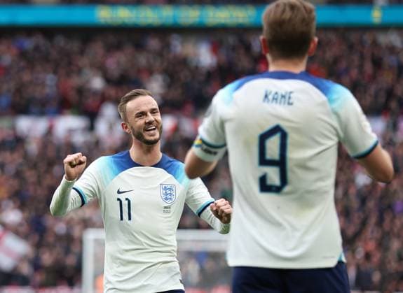 London, England, 26th March 2023. Harry Kane of England celebrates scoring his sides opening goal with James Maddison of Englandduring the UEFA European Championship, EM, Europameisterschaft Qualifying match at Wembley Stadium, London. Picture credit should read: David Klein Sportimage EDITORIAL USE ONLY. No use with unauthorised audio, video, data, fixture lists, club league logos or live services. Online in-match use limited to 120 images, no video emulation. No use in betting, games or single club league player publications. SPI-2324-0030