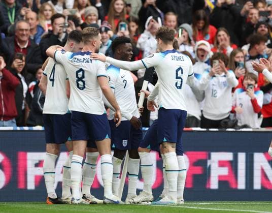 London, England, 26th March 2023. Bukayo Saka of England celebrates scoring his sides second goal during the UEFA European Championship, EM, Europameisterschaft Qualifying match at Wembley Stadium, London. Picture credit should read: David Klein Sportimage EDITORIAL USE ONLY. No use with unauthorised audio, video, data, fixture lists, club league logos or live services. Online in-match use limited to 120 images, no video emulation. No use in betting, games or single club league player publications. SPI-2324-0040