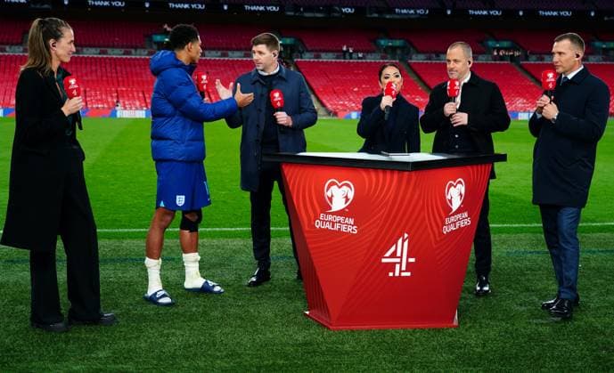 Mandatory Credit: Photo by Javier Garcia Shutterstock (13840577bh) Jude Bellingham of England talks to Channel 4 after the match with Jill Scott, Steven Gerrard, presenter Jules Breach, Joe Cole and Andriy Shevchenko England v Ukraine, UEFA European Championship, EM, Europameisterschaft 2024 Qualifying, Group C, Football, Wembley Stadium, London, UK - 26 Mar 2023 EDITORIAL USE ONLY No use with unauthorised audio, video, data, fixture lists, club league logos or live services. Online in-match use limited to 120 images, no video emulation. No use in betting, games or single club league player publications. England v Ukraine, UEFA European Championship 2024 Qualifying, Group C, Football, Wembley Stadium, London, UK - 26 Mar 2023 EDITORIAL USE ONLY No use with unauthorised audio, video, data, fixture lists, club league logos or live services. Online in-match use limited to 120 images, no video emulation. No use in betting, games or single club league player publications. Copyright: xJavierxGarcia Shutterstockx 13840577bh