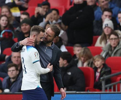 London, England, 26th March 2023. James Maddison of England with Gareth Southgate manager of England during the UEFA European Championship, EM, Europameisterschaft Qualifying match at Wembley Stadium, London. Picture credit should read: David Klein Sportimage EDITORIAL USE ONLY. No use with unauthorised audio, video, data, fixture lists, club league logos or live services. Online in-match use limited to 120 images, no video emulation. No use in betting, games or single club league player publications. SPI-2324-0058
