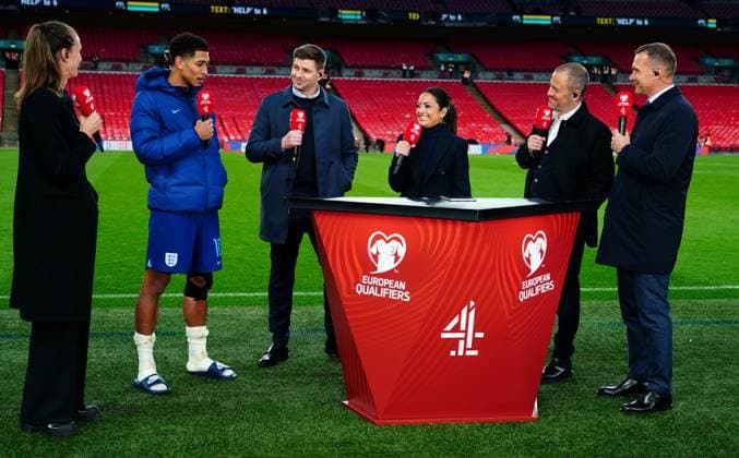 Mandatory Credit: Photo by Javier Garcia Shutterstock (13840577cw) Jude Bellingham of England chats after the game to Jill Scott, Steven Gerrard, presenter Jules Breach, Joe Cole and Andriy Shevchenko on Channel 4 England v Ukraine, UEFA European Championship, EM, Europameisterschaft 2024 Qualifying, Group C, Football, Wembley Stadium, London, UK - 26 Mar 2023 EDITORIAL USE ONLY No use with unauthorised audio, video, data, fixture lists, club league logos or live services. Online in-match use limited to 120 images, no video emulation. No use in betting, games or single club league player publications. England v Ukraine, UEFA European Championship 2024 Qualifying, Group C, Football, Wembley Stadium, London, UK - 26 Mar 2023 EDITORIAL USE ONLY No use with unauthorised audio, video, data, fixture lists, club league logos or live services. Online in-match use limited to 120 images, no video emulation. No use in betting, games or single club league player publications. Copyright: xJavierxGarcia Shutterstockx 13840577cw