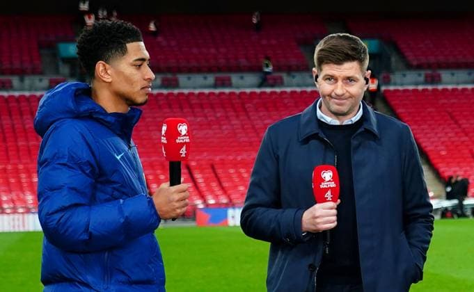 Mandatory Credit: Photo by Javier Garcia Shutterstock (13840577cp) Steven Gerrard alongside Jude Bellingham of England England v Ukraine, UEFA European Championship, EM, Europameisterschaft 2024 Qualifying, Group C, Football, Wembley Stadium, London, UK - 26 Mar 2023 EDITORIAL USE ONLY No use with unauthorised audio, video, data, fixture lists, club league logos or live services. Online in-match use limited to 120 images, no video emulation. No use in betting, games or single club league player publications. England v Ukraine, UEFA European Championship 2024 Qualifying, Group C, Football, Wembley Stadium, London, UK - 26 Mar 2023 EDITORIAL USE ONLY No use with unauthorised audio, video, data, fixture lists, club league logos or live services. Online in-match use limited to 120 images, no video emulation. No use in betting, games or single club league player publications. Copyright: xJavierxGarcia Shutterstockx 13840577cp