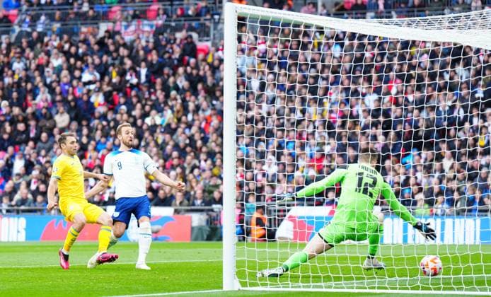 Mandatory Credit: Photo by Javier Garcia Shutterstock (13840577fl) Harry Kane of England scores the opening goal England v Ukraine, UEFA European Championship, EM, Europameisterschaft 2024 Qualifying, Group C, Football, Wembley Stadium, London, UK - 26 Mar 2023 EDITORIAL USE ONLY No use with unauthorised audio, video, data, fixture lists, club league logos or live services. Online in-match use limited to 120 images, no video emulation. No use in betting, games or single club league player publications. England v Ukraine, UEFA European Championship 2024 Qualifying, Group C, Football, Wembley Stadium, London, UK - 26 Mar 2023 EDITORIAL USE ONLY No use with unauthorised audio, video, data, fixture lists, club league logos or live services. Online in-match use limited to 120 images, no video emulation. No use in betting, games or single club league player publications. Copyright: xJavierxGarcia Shutterstockx 13840577fl