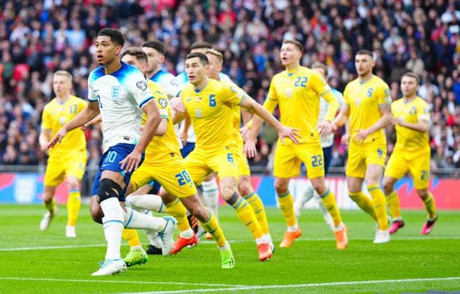 Mandatory Credit: Photo by Javier Garcia Shutterstock (13840577fv) Jude Bellingham of England England v Ukraine, UEFA European Championship, EM, Europameisterschaft 2024 Qualifying, Group C, Football, Wembley Stadium, London, UK - 26 Mar 2023 EDITORIAL USE ONLY No use with unauthorised audio, video, data, fixture lists, club league logos or live services. Online in-match use limited to 120 images, no video emulation. No use in betting, games or single club league player publications. England v Ukraine, UEFA European Championship 2024 Qualifying, Group C, Football, Wembley Stadium, London, UK - 26 Mar 2023 EDITORIAL USE ONLY No use with unauthorised audio, video, data, fixture lists, club league logos or live services. Online in-match use limited to 120 images, no video emulation. No use in betting, games or single club league player publications. Copyright: xJavierxGarcia Shutterstockx 13840577fv